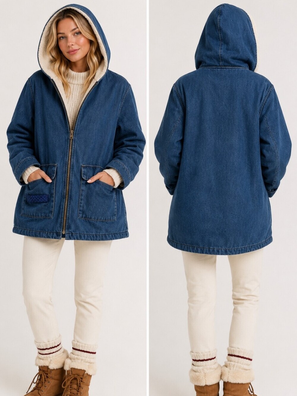 Vintage Furrrina Sherpa Lined Denim Hooded Jacket Oversized Apres Ski Cabin Core